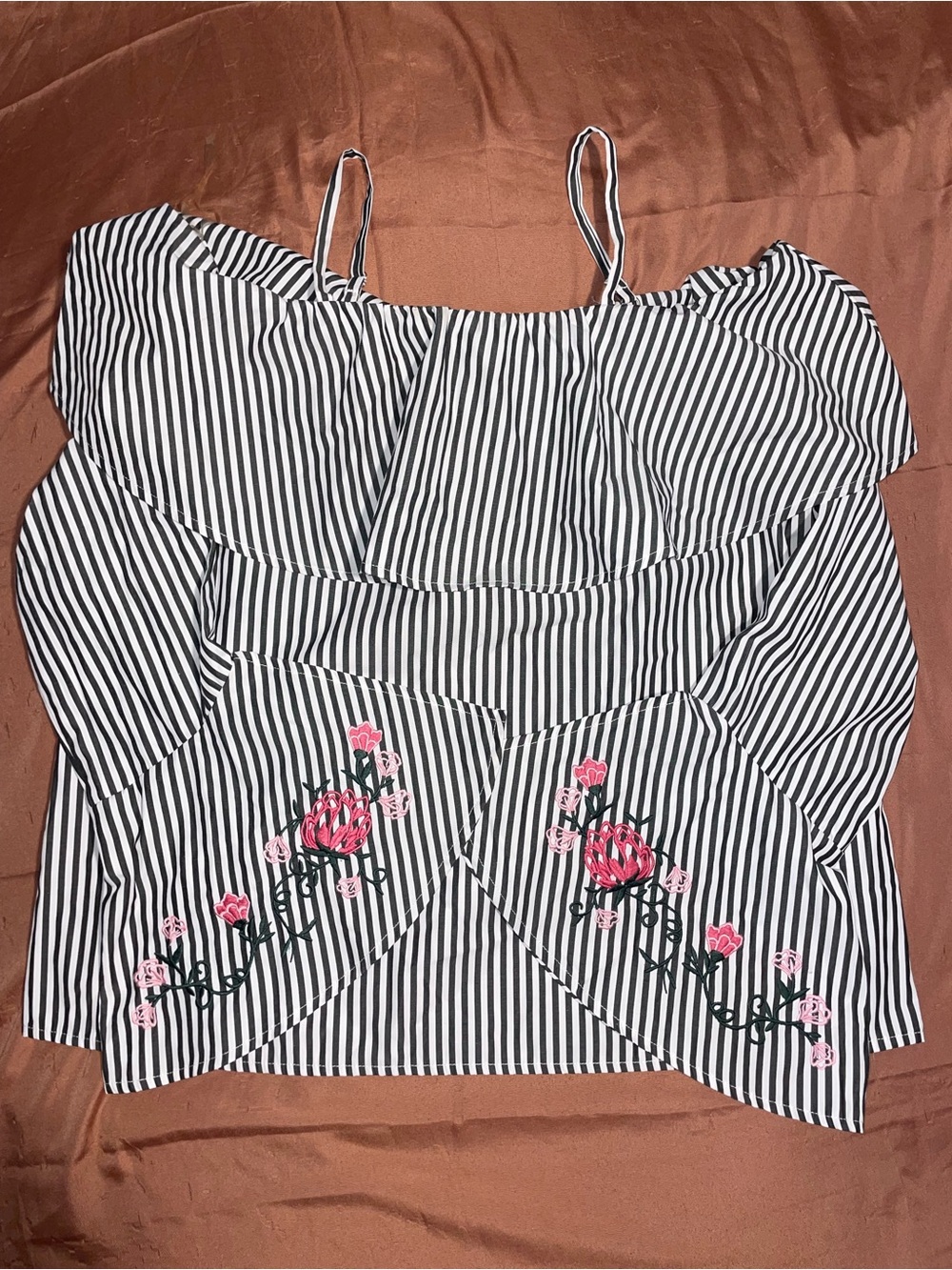 Off-Shoulder Black & White Striped Top with Pink Floral Embroidery on Wide Cuffs